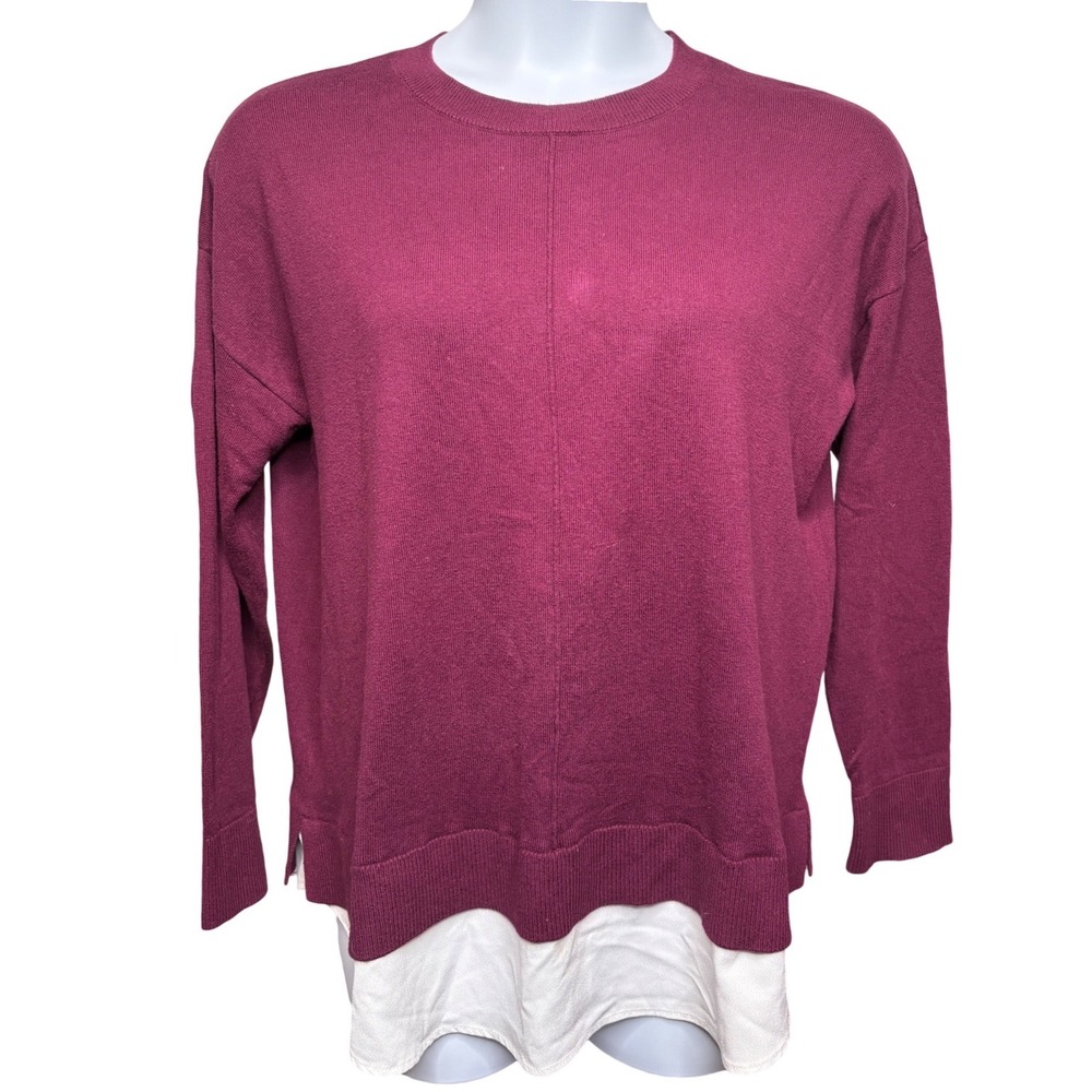 ANN TAYLOR Womens Burgundy Mixed Media Faux Shirt Layer Sweater XL Office Modest